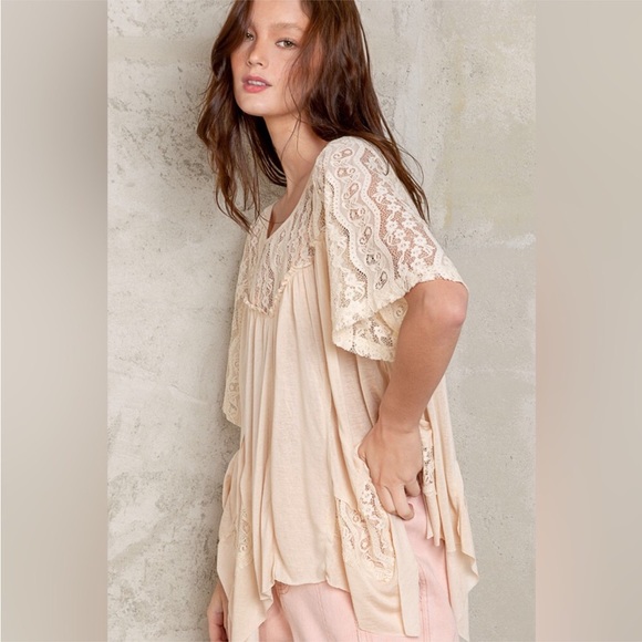 POL Sheer Slub Knit Cream Lace Short Sleeve Back Tie Top - Picture 3 of 6